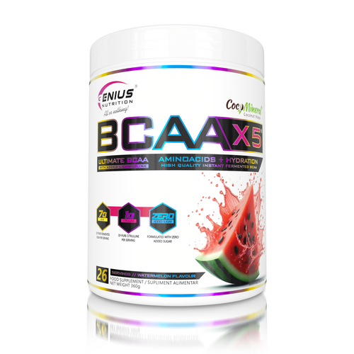 BCAA-X5 360g 26serv Genius Nutrition Watermelon - Food supplement for muscle recovery and hydration with amino acids, citrulline malate and electrolytes.