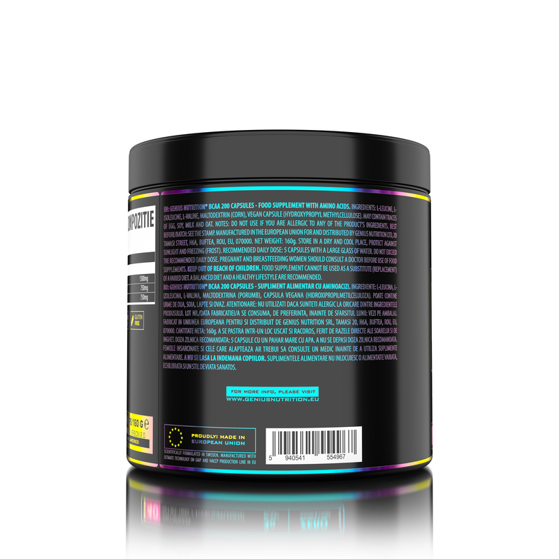 Load image into Gallery viewer, BCAA 200caps 40 serv Genius Nutrition - Vegan supplement based on BCAA 2:1:1 amino acids, obtained through natural fermentation, which supports muscle recovery and growth.
