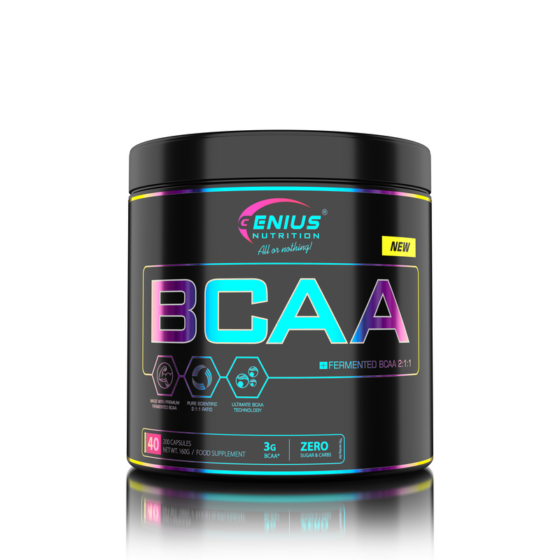 Load image into Gallery viewer, BCAA 200caps 40 serv Genius Nutrition - Vegan supplement based on BCAA 2:1:1 amino acids, obtained through natural fermentation, which supports muscle recovery and growth.
