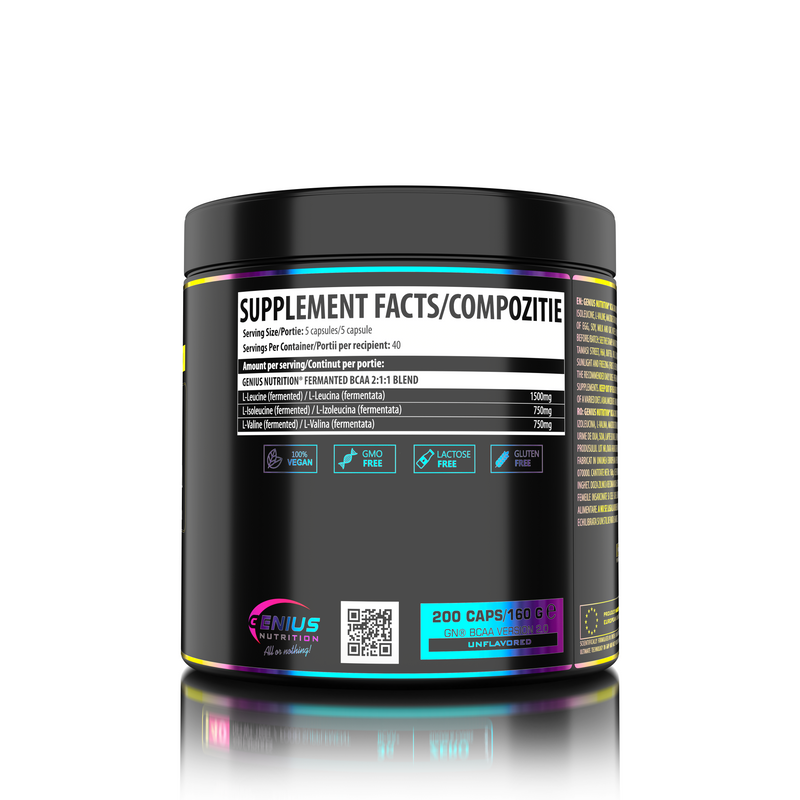 Load image into Gallery viewer, BCAA 200caps 40 serv Genius Nutrition - Vegan supplement based on BCAA 2:1:1 amino acids, obtained through natural fermentation, which supports muscle recovery and growth.
