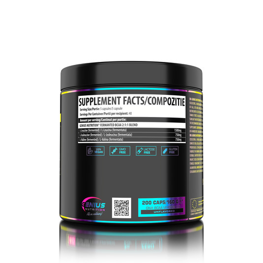 BCAA 200caps 40 serv Genius Nutrition - Vegan supplement based on BCAA 2:1:1 amino acids, obtained through natural fermentation, which supports muscle recovery and growth.