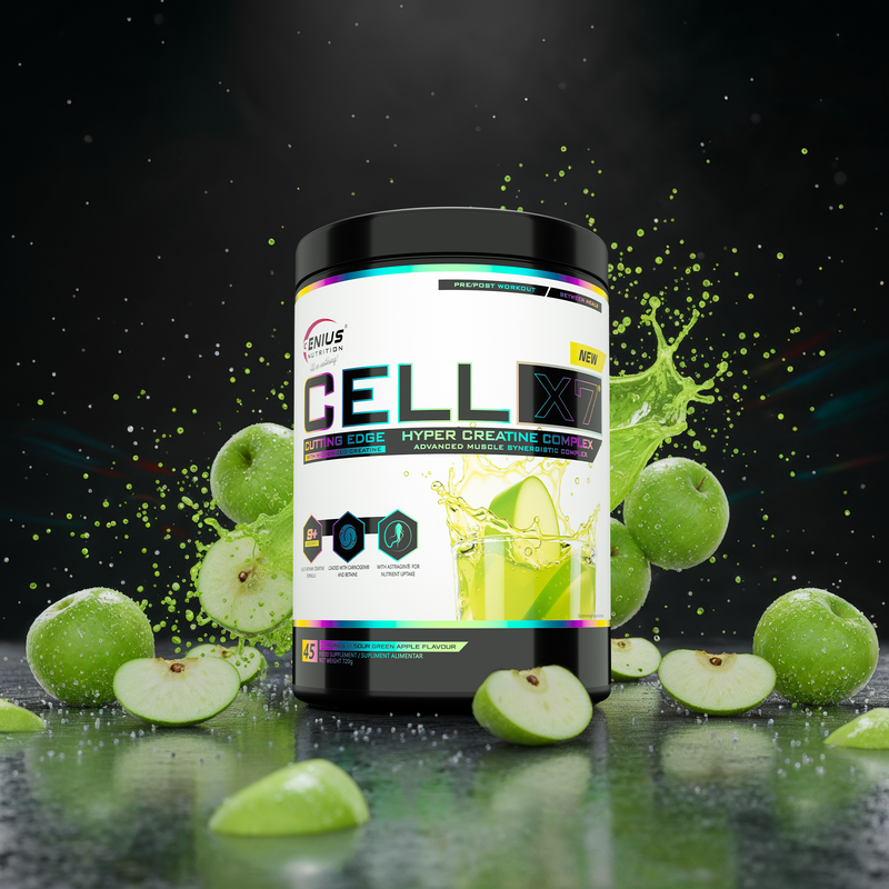 Load image into Gallery viewer, CELL-X7 720g 45serv Genius Nutrition Sour Grean Apple –  Supplement with an advanced creatine formula designed to support muscle growth, increase strength and endurance, boost ATP production, and enhance hydration and volumization with superior absorption and bioavailability.
