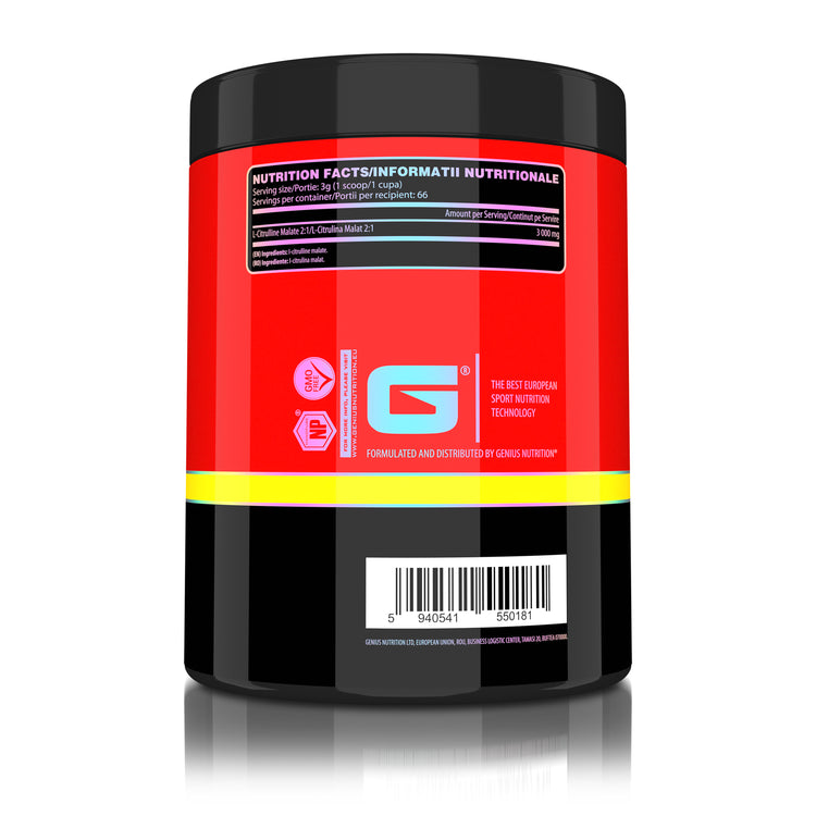 CITRULLINE 200g 66serv Genius Nutrition unflavored – Precursor supplement for L-arginine to support vasodilation and oxygen transport to muscles.