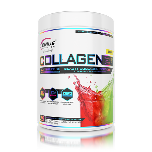COLLAGEN-X5 360g 29serv Genius Nutrition Cherry-Lime - Skin, hair, nails and joint care supplement with digestive benefits enriched with coconut water electrolytes (CocoMineral®).
