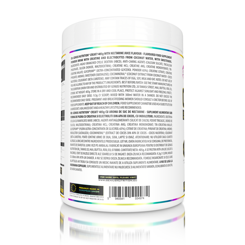 Load image into Gallery viewer, CREA-F7 405g 43serv Genius Nutrition Nectarine Juice - Supplement with 6 types of creatine for lean muscle mass gain, energy, pump, and superior hydration.
