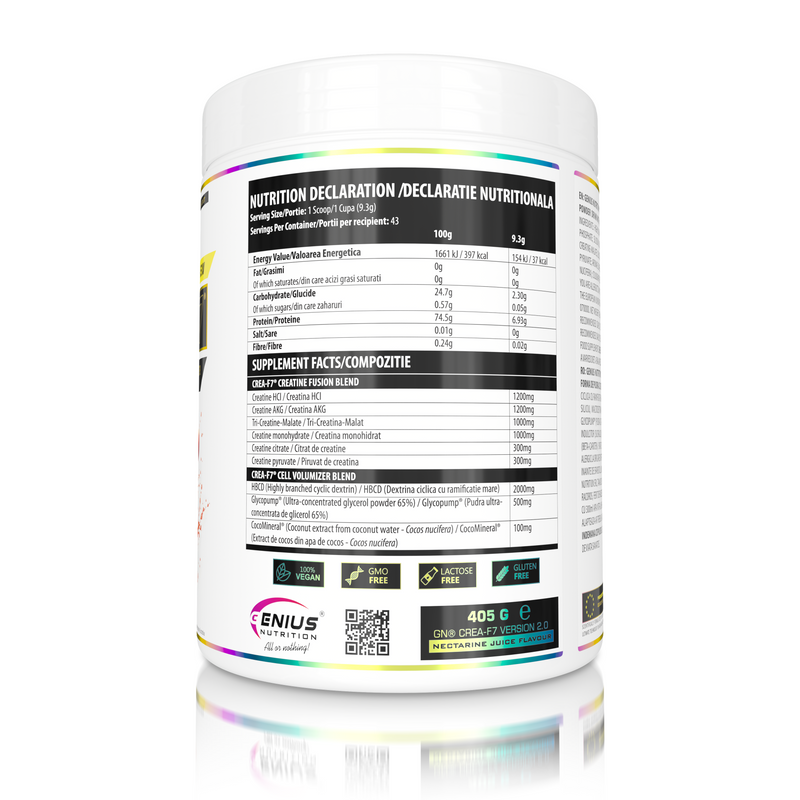 Load image into Gallery viewer, CREA-F7 405g 43serv Genius Nutrition Nectarine Juice - Supplement with 6 types of creatine for lean muscle mass gain, energy, pump, and superior hydration.
