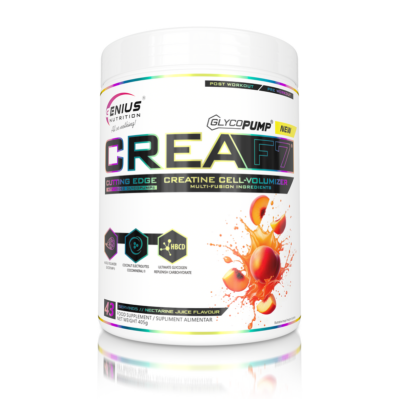 Load image into Gallery viewer, CREA-F7 405g 43serv Genius Nutrition Nectarine Juice - Supplement with 6 types of creatine for lean muscle mass gain, energy, pump, and superior hydration.

