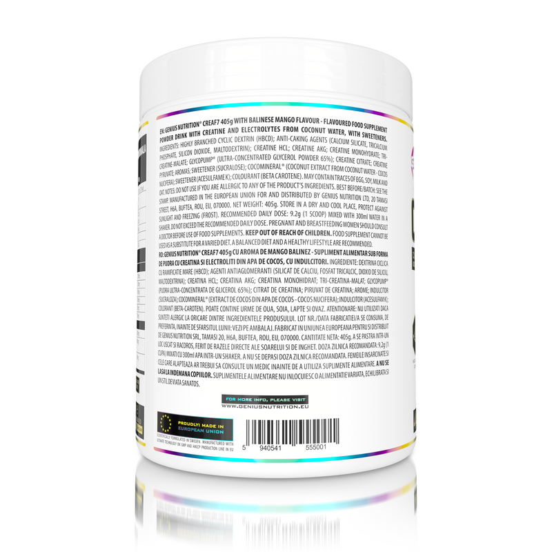 Load image into Gallery viewer, CREA-F7 405g 44serv Genius Nutrition Balinese Mango - Supplement with 6 types of creatine for lean muscle mass gain, energy, pump, and superior hydration.
