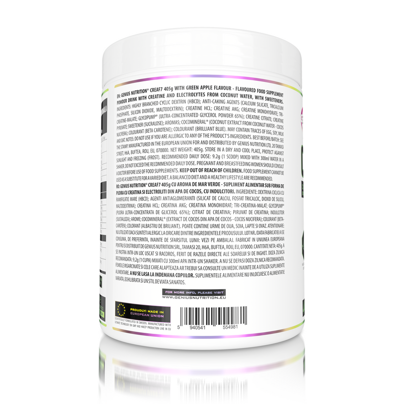 Load image into Gallery viewer, CREA-F7 405g 44serv Genius Nutrition Green Apple - Supplement with 6 types of creatine for lean muscle mass gain, energy, pump, and superior hydration.
