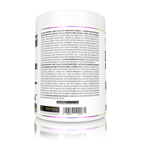 CREA-F7 405g 44serv Genius Nutrition Green Apple - Supplement with 6 types of creatine for lean muscle mass gain, energy, pump, and superior hydration.