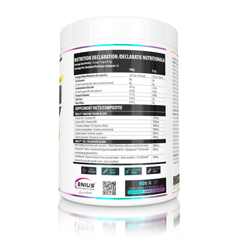 Load image into Gallery viewer, CREA-F7 405g 44serv Genius Nutrition Stormy Lime - Supplement with 6 types of creatine for lean muscle mass gain, energy, pump, and superior hydration.
