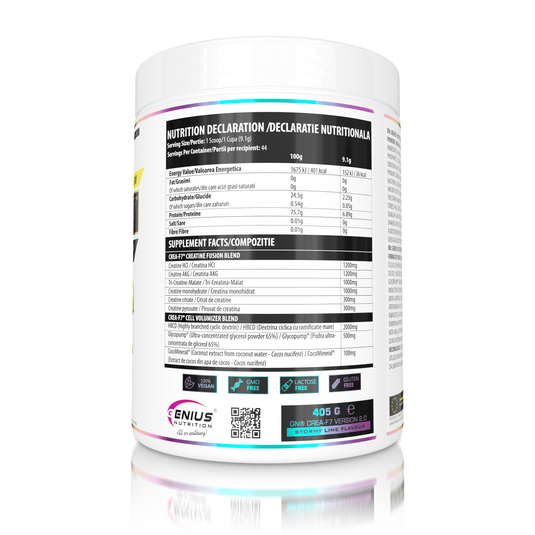 CREA-F7 405g 44serv Genius Nutrition Stormy Lime - Supplement with 6 types of creatine for lean muscle mass gain, energy, pump, and superior hydration.