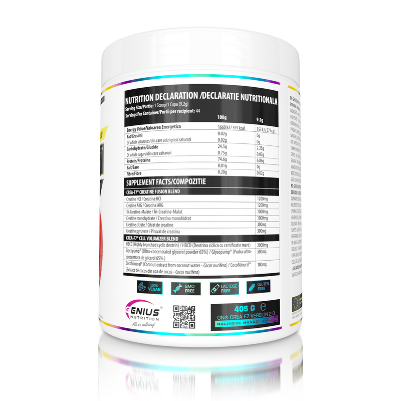 Load image into Gallery viewer, CREA-F7 405g 44serv Genius Nutrition Balinese Mango - Supplement with 6 types of creatine for lean muscle mass gain, energy, pump, and superior hydration.
