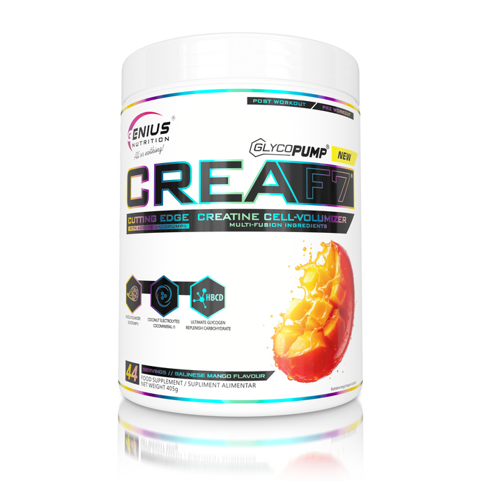 CREA-F7 405g 44serv Genius Nutrition Balinese Mango - Supplement with 6 types of creatine for lean muscle mass gain, energy, pump, and superior hydration.