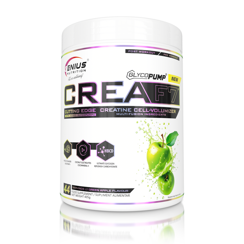 Load image into Gallery viewer, CREA-F7 405g 44serv Genius Nutrition Green Apple - Supplement with 6 types of creatine for lean muscle mass gain, energy, pump, and superior hydration.

