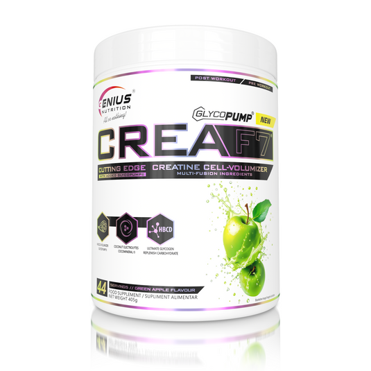 CREA-F7 405g 44serv Genius Nutrition Green Apple - Supplement with 6 types of creatine for lean muscle mass gain, energy, pump, and superior hydration.