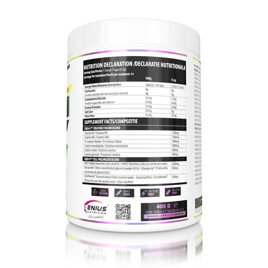 CREA-F7 405g 44serv Genius Nutrition Green Apple - Supplement with 6 types of creatine for lean muscle mass gain, energy, pump, and superior hydration.