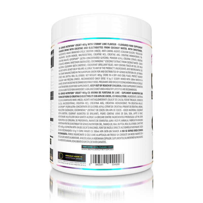 Load image into Gallery viewer, CREA-F7 405g 44serv Genius Nutrition Stormy Lime - Supplement with 6 types of creatine for lean muscle mass gain, energy, pump, and superior hydration.
