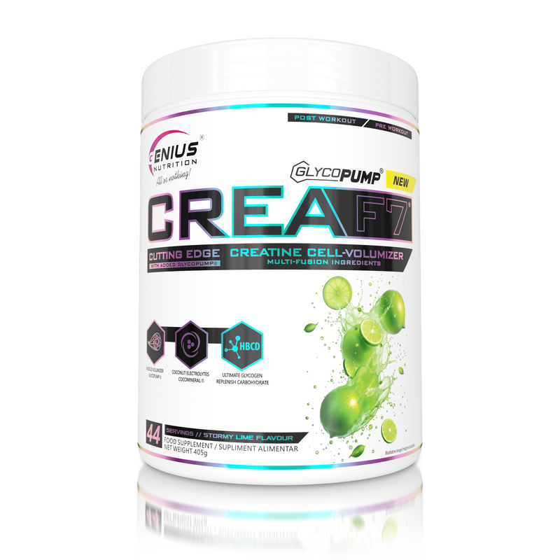 Load image into Gallery viewer, CREA-F7 405g 44serv Genius Nutrition Stormy Lime - Supplement with 6 types of creatine for lean muscle mass gain, energy, pump, and superior hydration.
