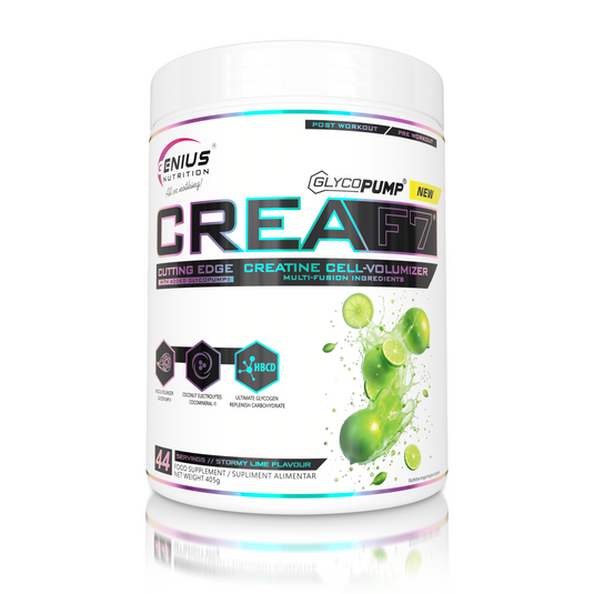 CREA-F7 405g 44serv Genius Nutrition Stormy Lime - Supplement with 6 types of creatine for lean muscle mass gain, energy, pump, and superior hydration.