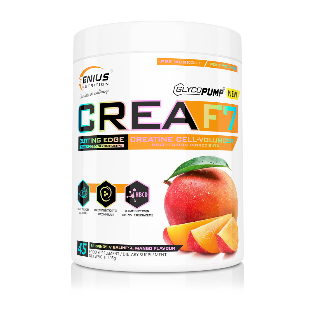 CREA-F7 405g 45serv Genius Nutrition Balinese Mango - Supplement for ATP production with six types of creatine for muscle mass increase, energy, pump and hydration (CocoMineral®).