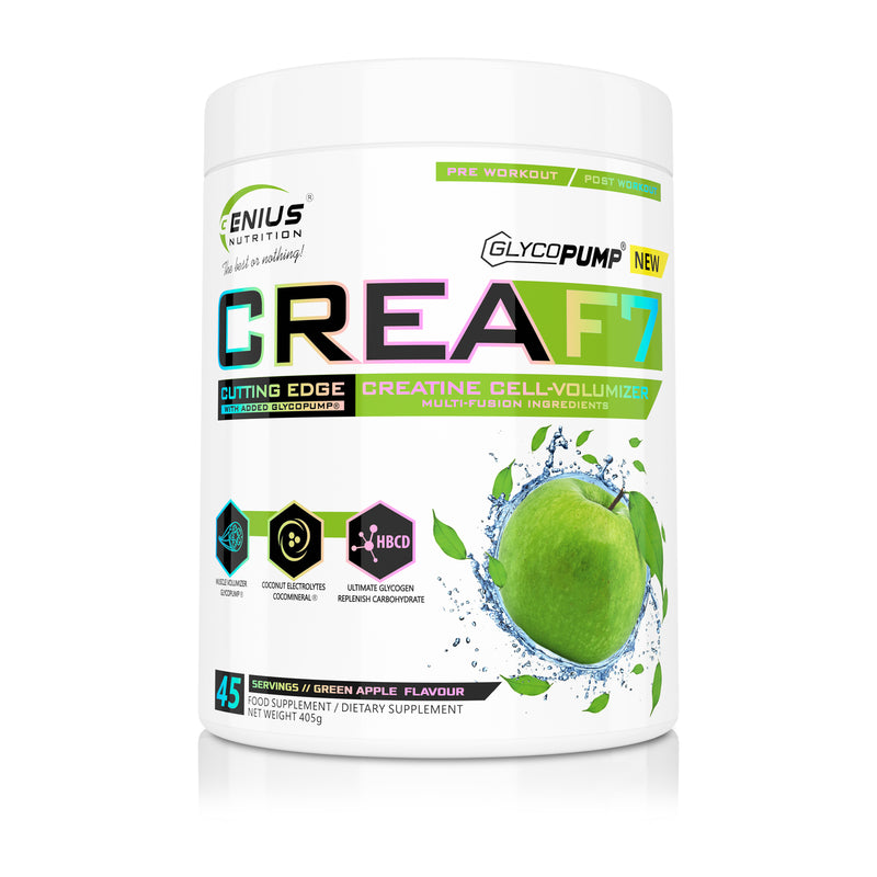 Load image into Gallery viewer, CREA-F7 405g 45serv Genius Nutrition Green Apple - Supplement for ATP production with six types of creatine for muscle mass increase, energy, pump and hydration (CocoMineral®).
