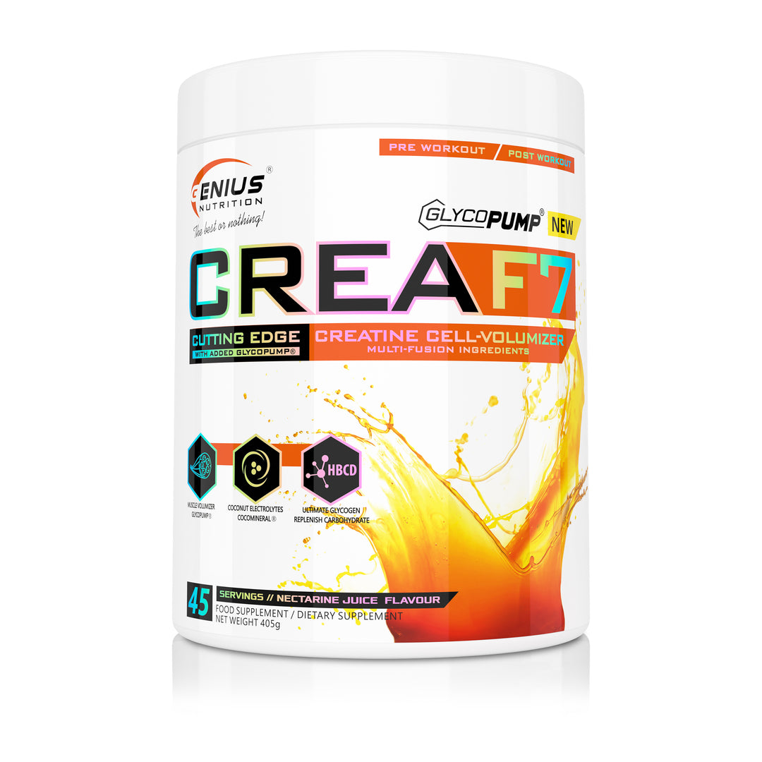 CREA-F7 405g 45serv Genius Nutrition Nectarine Juice - Supplement for ATP production with six types of creatine for muscle mass increase, energy, pump and hydration (CocoMineral®).