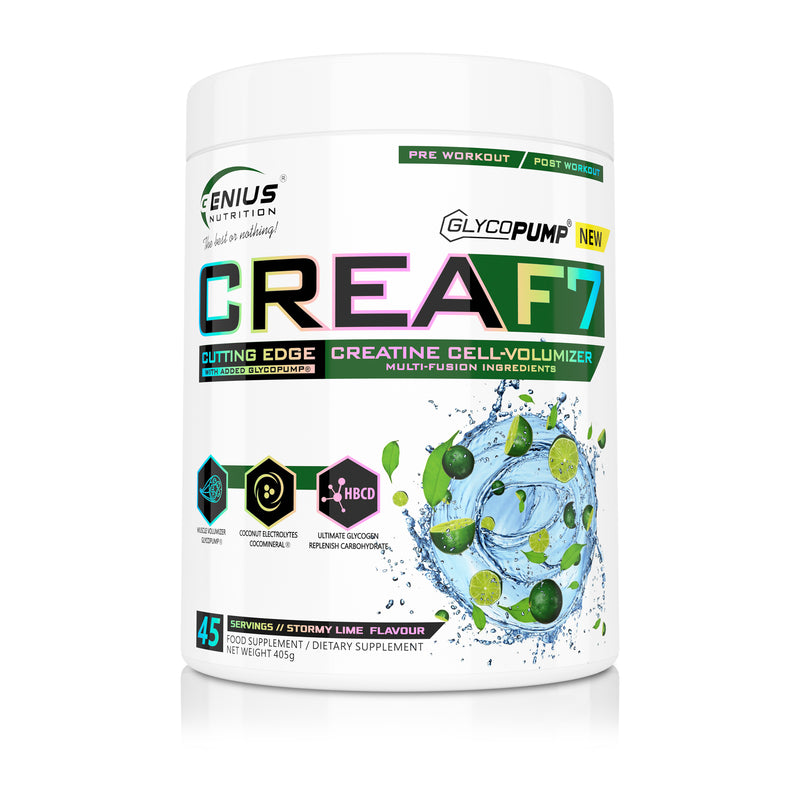 Load image into Gallery viewer, CREA-F7 405g 45serv Genius Nutrition Stormy Lime - Supplement for ATP production with six types of creatine for muscle mass increase, energy, pump and hydration (CocoMineral®).
