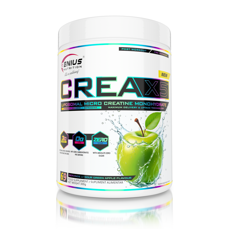 Load image into Gallery viewer, CREA-X5 Genius Nutrition 300g 69serv Sour Green Apple - Dietary supplement featuring liposomal creatine monohydrate and AstraGin®, formulated to enhance energy, strength, and overall physical performance.
