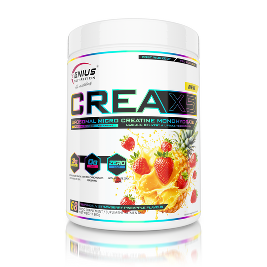 CREA-X5 Genius Nutrition 300g 68serv Strawberry Pineapple - Dietary supplement featuring liposomal creatine monohydrate and AstraGin®, formulated to enhance energy, strength, and overall physical performance.