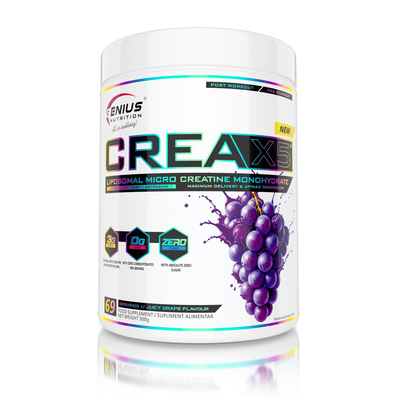 Load image into Gallery viewer, CREA-X5 Genius Nutrition 300g 69serv Juicy Grape - Dietary supplement featuring liposomal creatine monohydrate and AstraGin®, formulated to enhance energy, strength, and overall physical performance.
