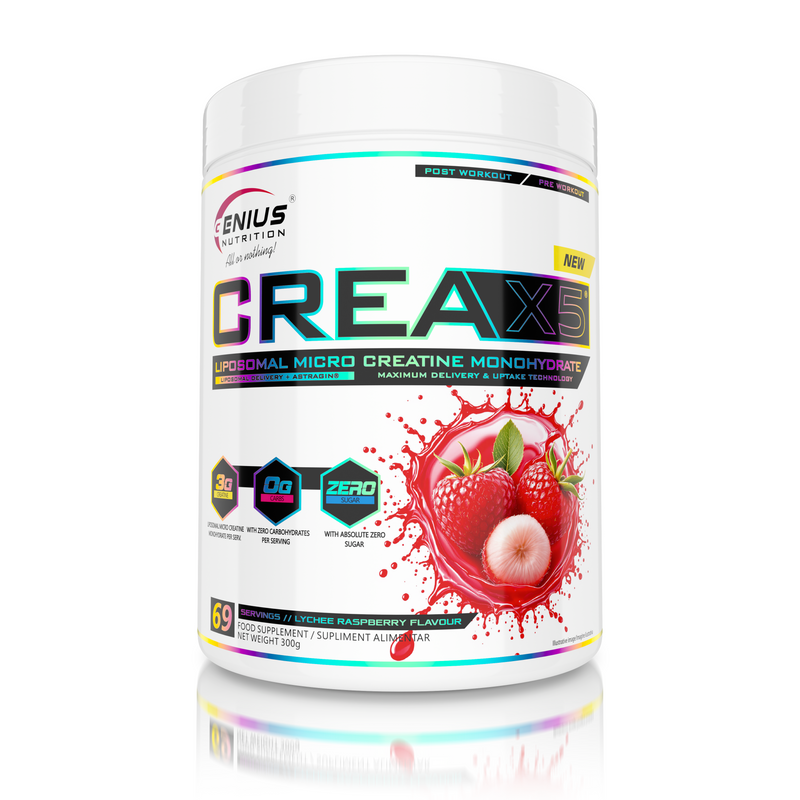 Load image into Gallery viewer, CREA-X5 Genius Nutrition 300g 69serv Lychee Raspberry - Dietary supplement featuring liposomal creatine monohydrate and AstraGin®, formulated to enhance energy, strength, and overall physical performance.
