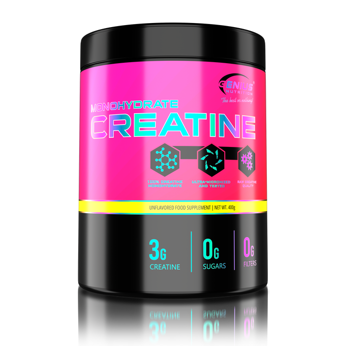 CREATINE MONOHYDRATE 400g 133serv Genius Nutrition Unflavored - Supplement for ATP production, muscle mass increase, and improved physical endurance.