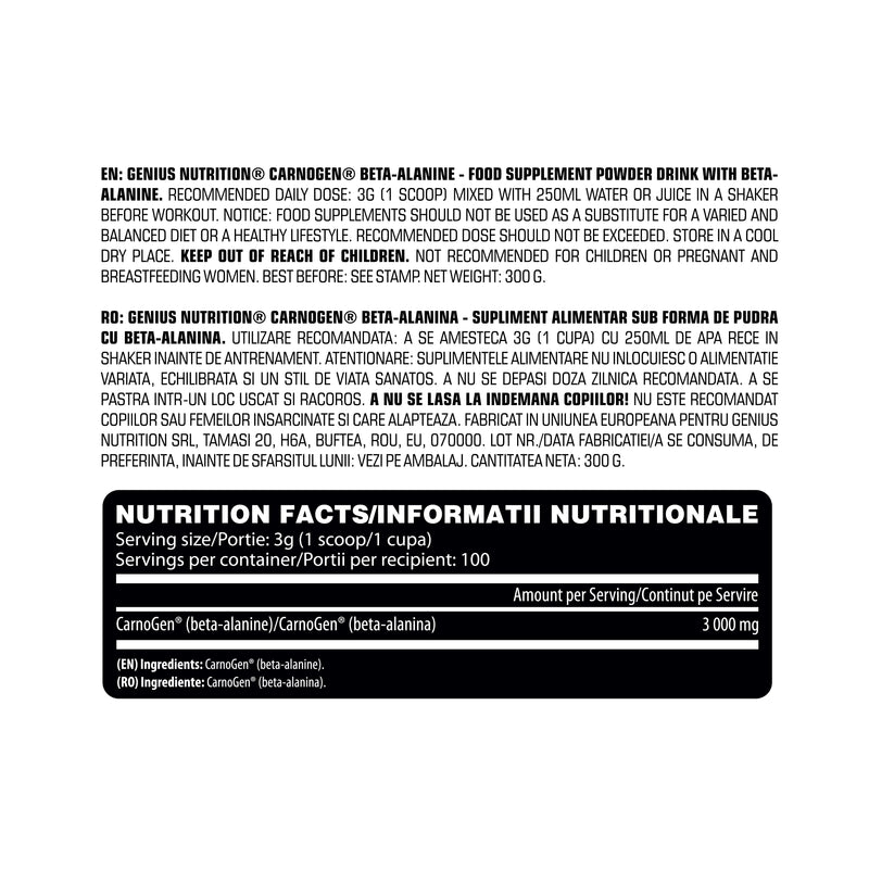 Load image into Gallery viewer, CarnoGen® (Beta Alanine) 300g Genius Nutrition Unflv - Supplement for carnosine production, endurance and strength.
