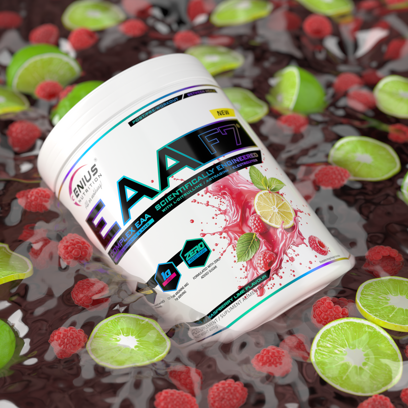 Load image into Gallery viewer, EAA-F7 400g 25serv Genius Nutrition - Essential amino acids-based supplement, designed for fast recovery, muscle growth and support of focus, enriched with AstraGin® for superior absorption with raspberry lime flavor.
