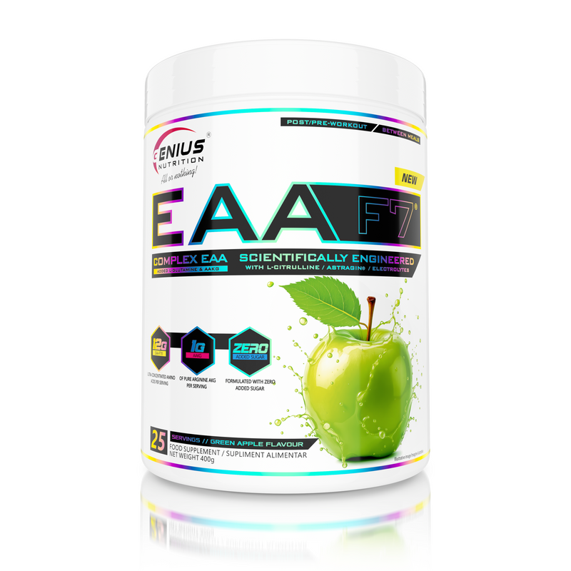 Load image into Gallery viewer, EAA-F7 400g 25serv Genius Nutrition - Essential amino acids-based supplement, designed for fast recovery, muscle growth and support of focus, enriched with AstraGin® for superior absorption with green apple flavor.
