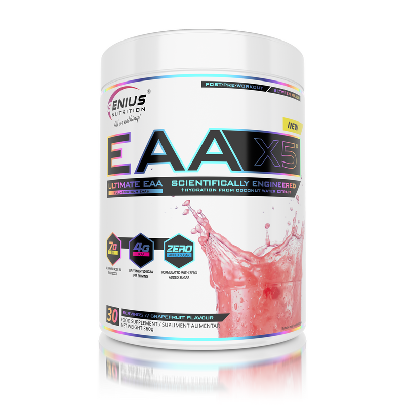 Load image into Gallery viewer, EAA-X5 360g 30 servings Genius Nutrition – Essential amino acid supplement for muscle recovery and growth, enriched with CocoMineral® for effective hydration, with a flavored taste of grapefruit.

