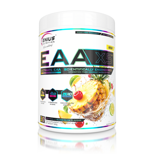 EAA-X5 360g 30 servings Genius Nutrition – Essential amino acid supplement for muscle recovery and growth, enriched with CocoMineral® for effective hydration, with a flavored taste of island glow.