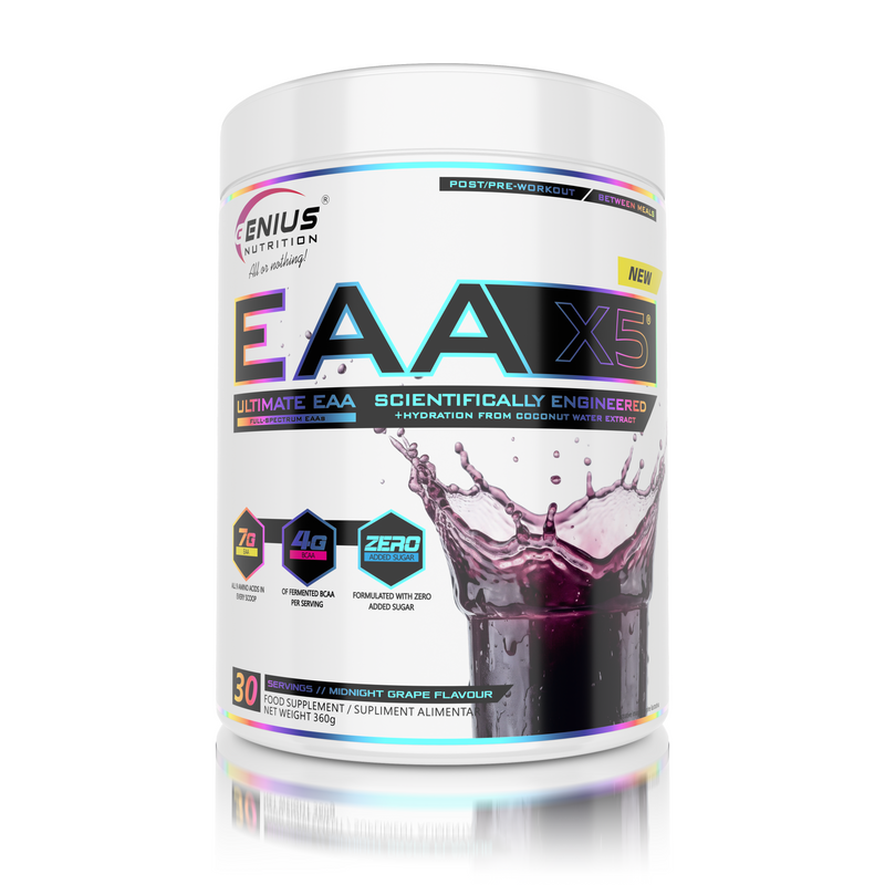 Load image into Gallery viewer, EAA-X5 360g 30 servings Genius Nutrition – Essential amino acid supplement for muscle recovery and growth, enriched with CocoMineral® for effective hydration, with a flavored taste of midnight grape.
