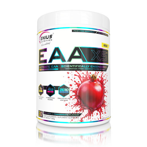 EAA-X5 360g 30 servings Genius Nutrition – Essential amino acid supplement for muscle recovery and growth, enriched with CocoMineral® for effective hydration, with a flavored taste of pomegranate.