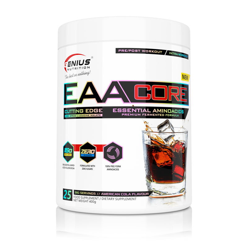 Load image into Gallery viewer, EAACORE 400g 25serv Genius Nutrition American Cola - EAACORE 400g 25serv Genius Nutrition - Essential amino acid supplement for recovery and muscle growth, enriched with taurine.
