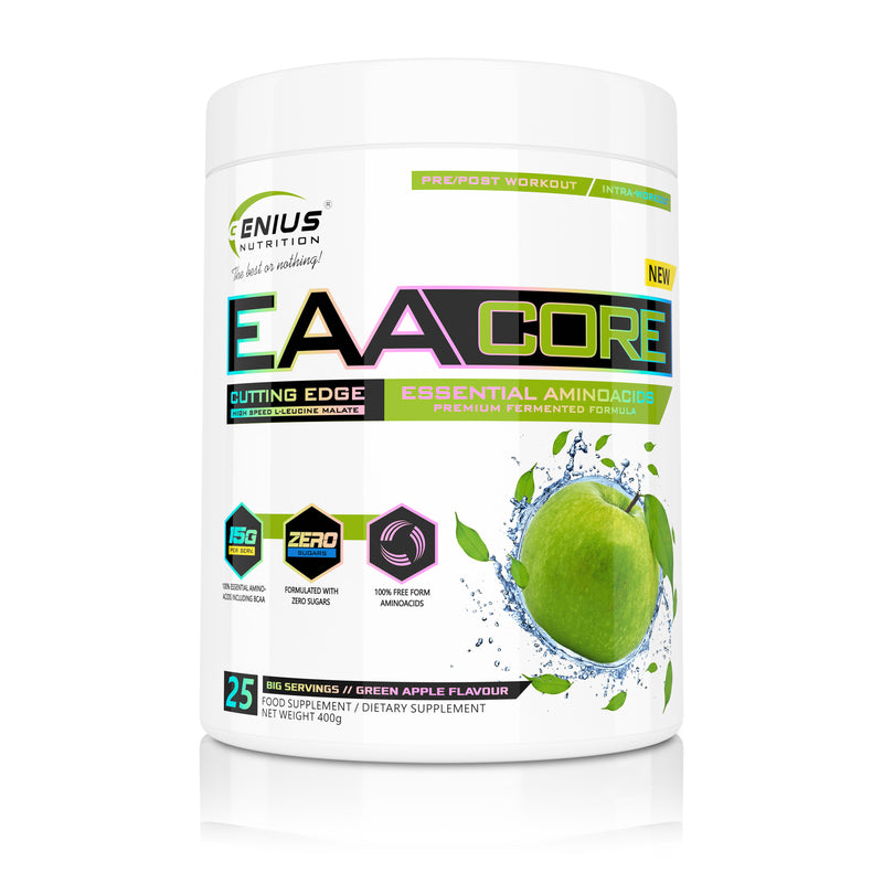 Load image into Gallery viewer, EAACORE 400g 25serv Genius Nutrition Green Apple - Essential amino acid supplement for recovery and muscle growth, enriched with taurine.
