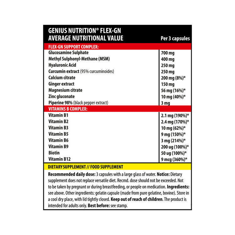 FLEX-GN 90caps 30serv Genius Nutrition – Natural anti inflammatory supplement created for joint and bone health enriched with B vitamins.