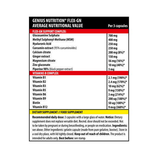 FLEX-GN 90caps 30serv Genius Nutrition – Natural anti inflammatory supplement created for joint and bone health enriched with B vitamins.