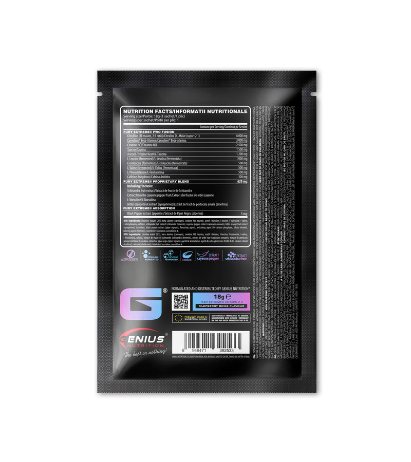 Load image into Gallery viewer, FURY EXTREME PRE-WORKOUT 18g 1serv Raspberry Bomb - Pre-workout supplement with high caffeine content to boost energy, enhance pump (NO), burn fat and improve endurance (CarnoGen®).
