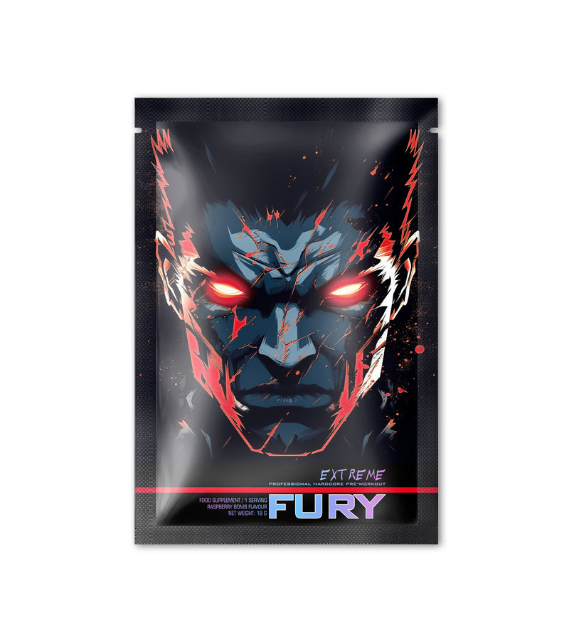 Load image into Gallery viewer, FURY EXTREME PRE-WORKOUT 18g 1serv Raspberry Bomb - Pre-workout supplement with high caffeine content to boost energy, enhance pump (NO), burn fat and improve endurance (CarnoGen®).
