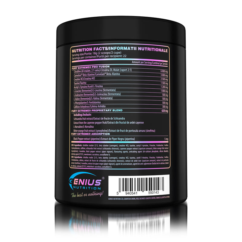 Load image into Gallery viewer, FURY EXTREME PRE-WORKOUT 400g 22serv Genius Nutrition Ice Candy - Pre-workout supplement with high caffeine content to boost energy, enhance pump (NO), burn fat and improve endurance (CarnoGen®).
