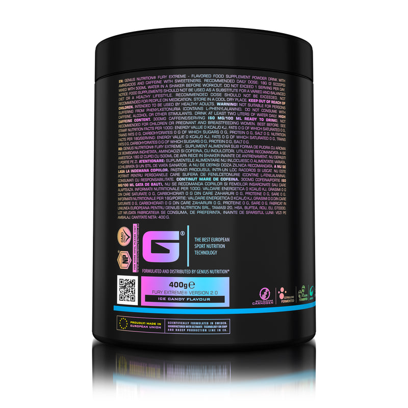 Load image into Gallery viewer, FURY EXTREME PRE-WORKOUT 400g 22serv GeniusNutrition Ice Candy - Pre-workout supplement with high caffeine content to boost energy, enhance pump (NO), burn fat and improve endurance (CarnoGen®).
