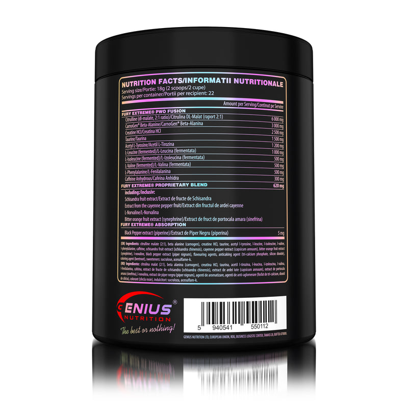 Load image into Gallery viewer, FURY EXTREME PRE-WORKOUT 400g 22serv GeniusNutrition Raspberry Bomb - Pre-workout supplement with high caffeine content to boost energy, enhance pump (NO), burn fat and improve endurance (CarnoGen®).
