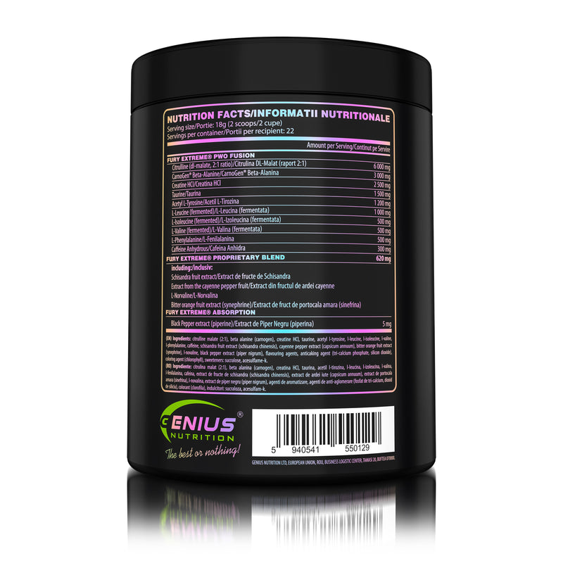 Load image into Gallery viewer, FURY EXTREME PRE-WORKOUT 400g 22serv Genius Nutrition Sour Apple - Pre-workout supplement with high caffeine content to boost energy, enhance pump (NO), burn fat and improve endurance (CarnoGen®).
